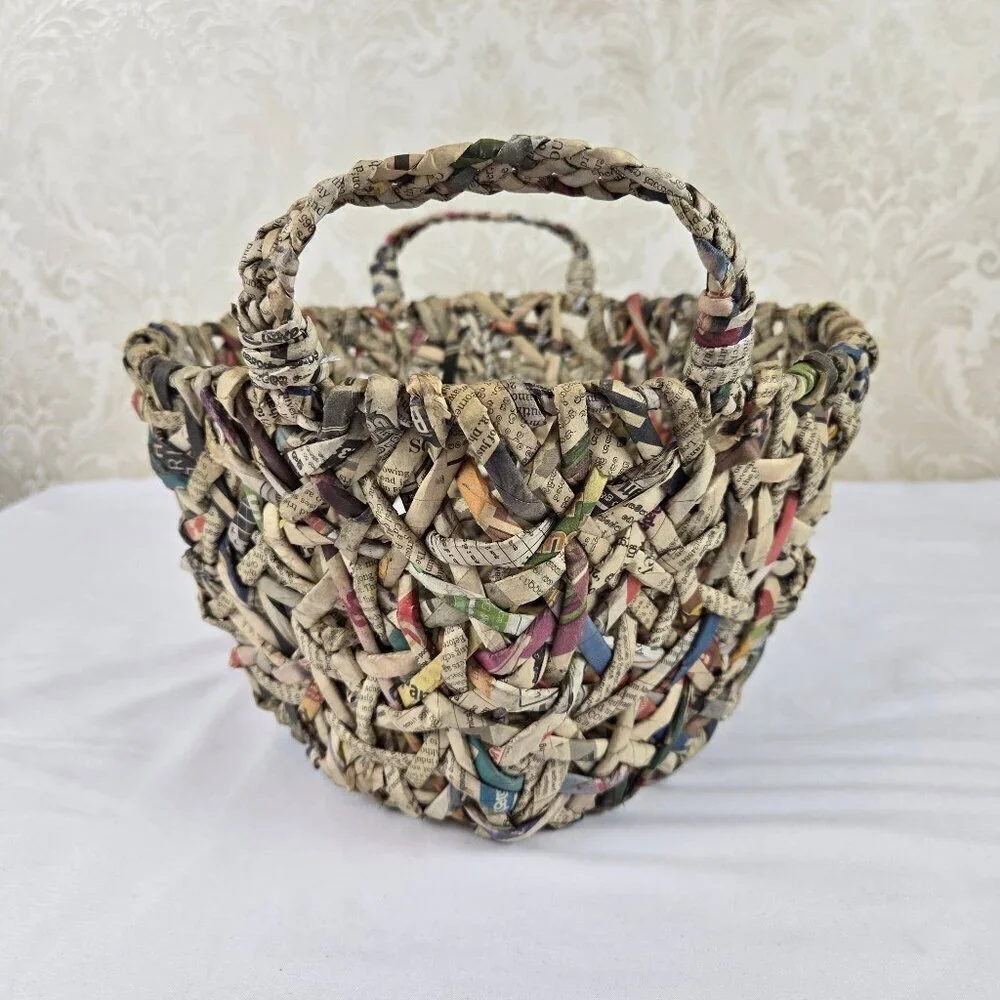 Handmade Double Handled Oval Shaped Basket Made From Newspapers